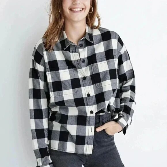 MADEWELL Black White Buffalo Plaid Button Down Shirt Jacket Shacket Size S Small - Picture 1 of 7